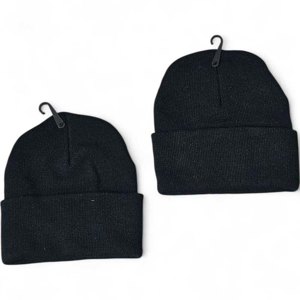 Black Knit Beanie Hat Classic Cuffed Style